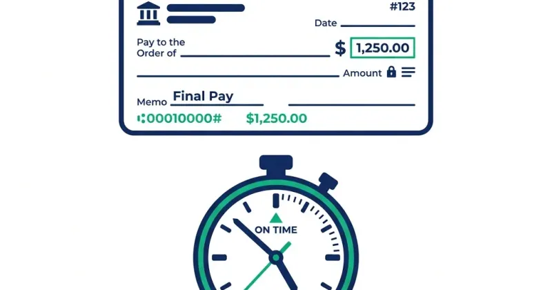 Paycheck document with clock showing urgency of final payment deadline