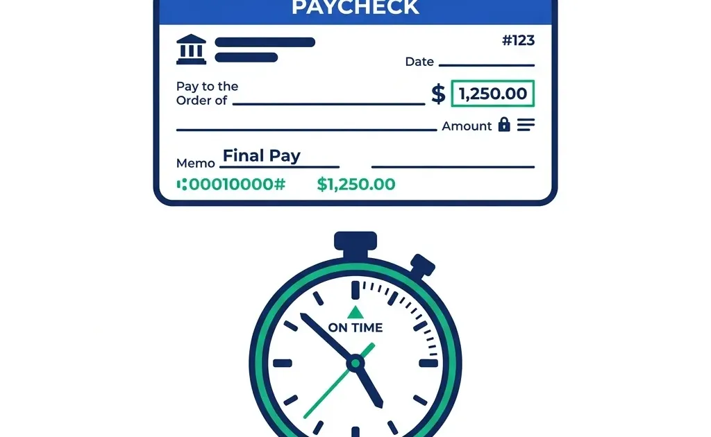 Paycheck document with clock showing urgency of final payment deadline