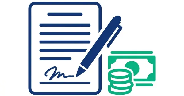 Contract document with pen and a stack of coins