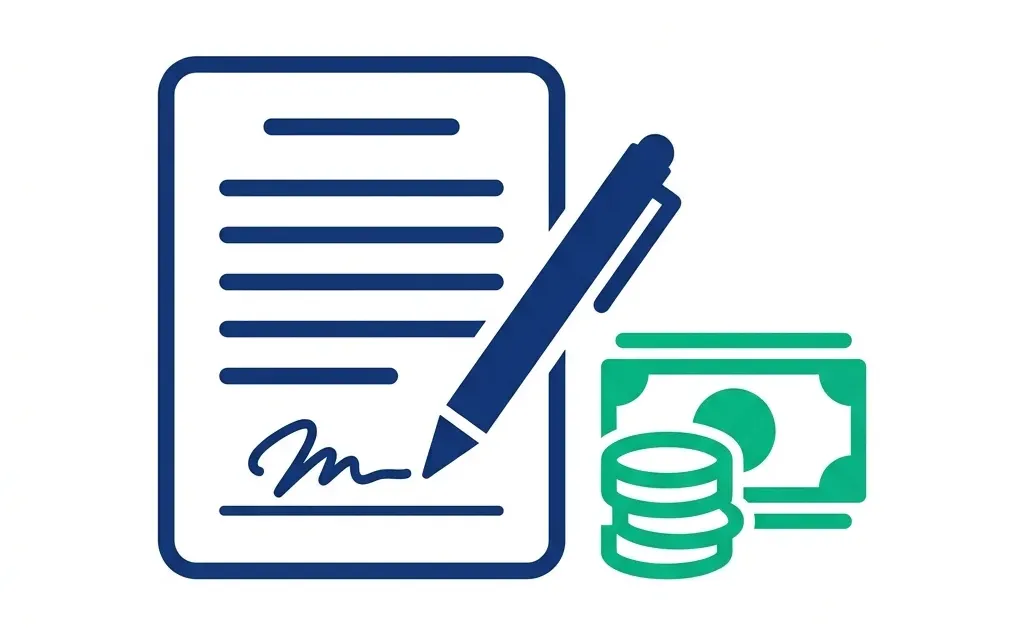 Contract document with pen and a stack of coins