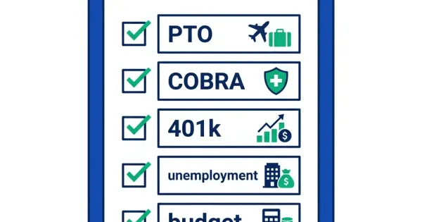 Checklist with 5 icons representing PTO, COBRA, 401k, unemployment, and budget