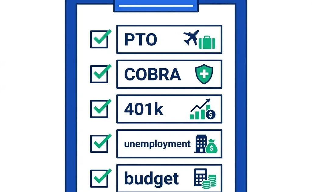 Checklist with 5 icons representing PTO, COBRA, 401k, unemployment, and budget