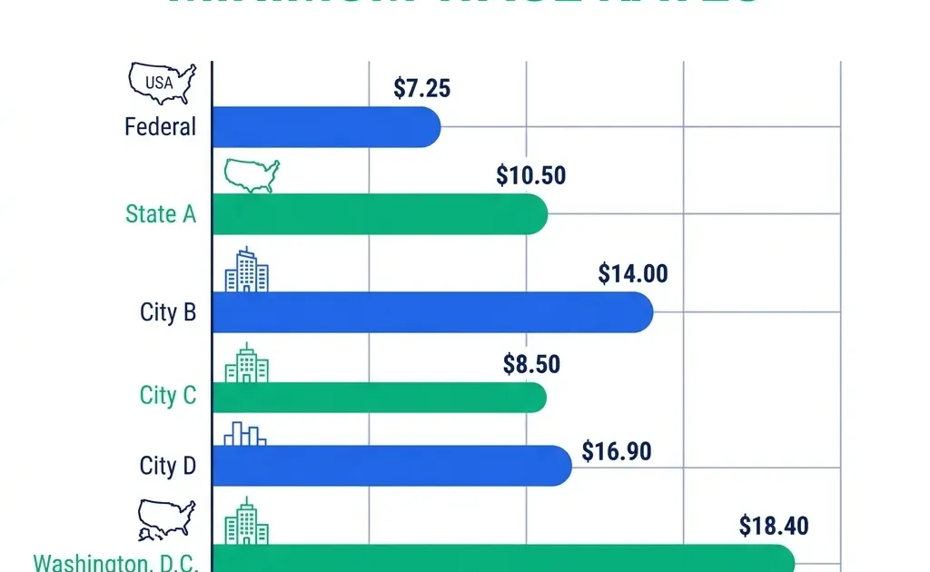 Bar chart showing minimum wage rates from federal 7.25 to DC 18.40