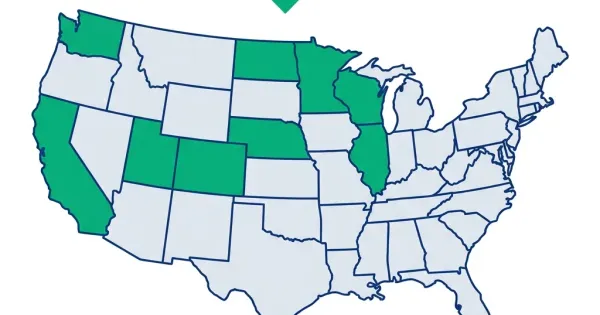 Map of the US highlighting states that mandate PTO payouts