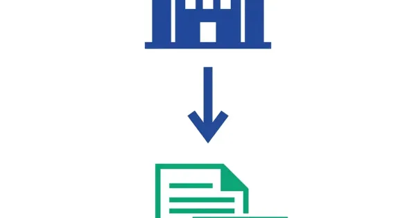 Office building with downward arrow and final paycheck document