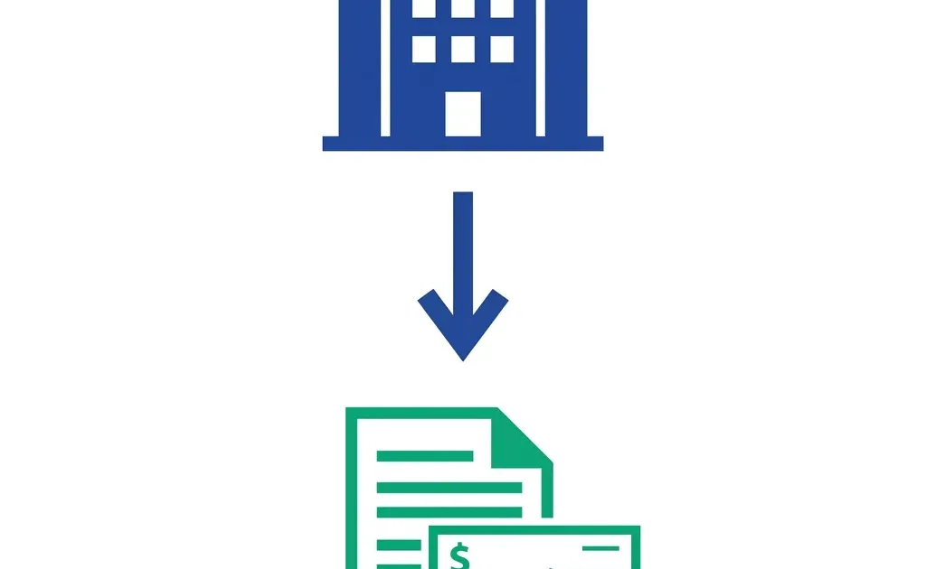 Office building with downward arrow and final paycheck document